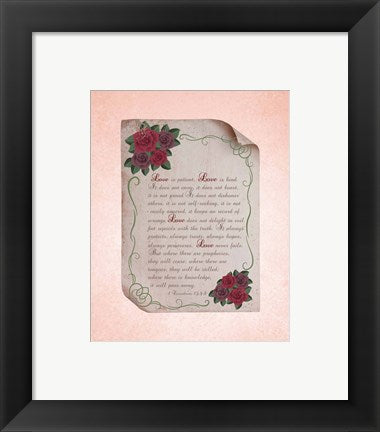 Framed Art Corinthians 13:4-8 Love is Patient - Rose Border Pink Wall Decor18x24 Artwork