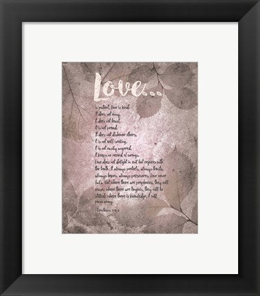 Framed Art Corinthians 13:4-8 Love is Patient - Grey Leaves Wall Decor18x24 Artwork