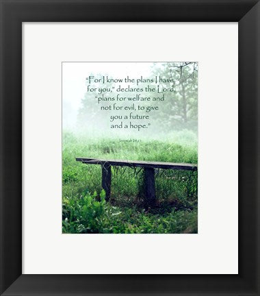 Framed Art Jeremiah 29:11 For I know the Plans I have for You (Wooden Bench) Wall Decor 18x24 Artwork