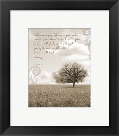 Framed Art Zephaniah 3:17 The Lord Your God (Grey Landscape) Wall Decor 18x24 Artwork