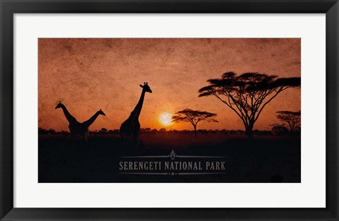 Framed Art Vintage Sunset with Giraffes in Serengeti National Park, Africa by Take Me Away Wall Decor 18x24 Artwork