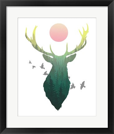 Framed Art Green Ombre Forest in Stag Silhouette Wall Decor 18x24 Artwork