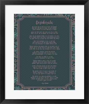 Framed Art Frame Art Desiderata Floral Frame Turquoise Wall Decor 18x24 Artwork