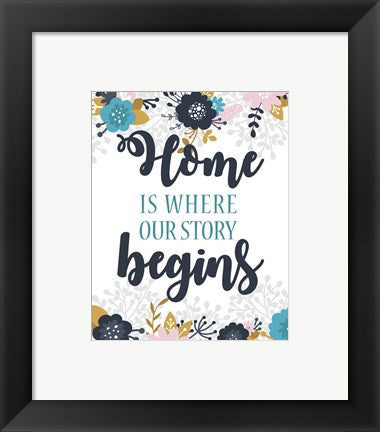 Framed Art Home Is Where Our Story Begins-Blue Floral Wall Decor 18x24 Artwork