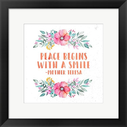 Framed Art Peace Begins With a Smile-Floral Wall Decor 18x24 Artwork