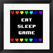 Framed Art Eat Sleep Game - Black with Pixel Hearts Wall Decor18x24 Artwork