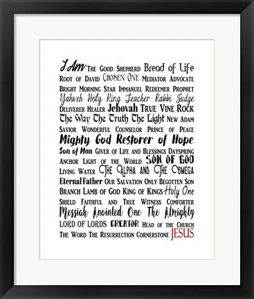 Framed Art Names of Jesus Rectangle Black and Red Text Wall Decor 18x24 Artwork