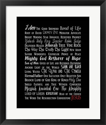 Framed Art Names of Jesus Rectangle Gray and Red Text Wall Decor 18x24 Artwork
