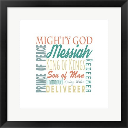 Framed Art Names of Jesus Square Green and Orange Text - White Wall Decor 18x24 Artwork