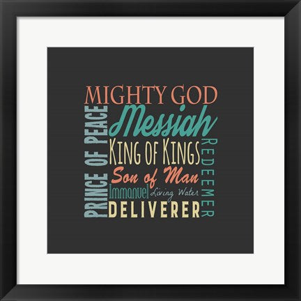 Framed Art Names of Jesus Square Green and Orange Text - Gray Wall Decor 18x24 Artwork