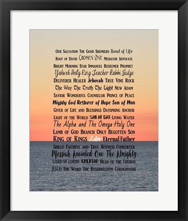 Framed Art Names of Jesus Ocean Sunset Wall Decor 18x24 Artwork
