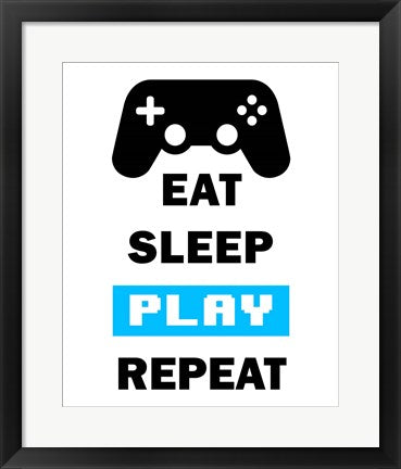 Framed Art Eat Sleep Game Repeat - White and Blue Wall Decor18x24 Artwork