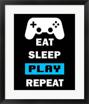 Framed Art Eat Sleep Game Repeat - Black and Blue Wall Decor18x24 Artwork