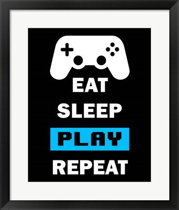 Framed Art Eat Sleep Game Repeat - Black and Blue Wall Decor18x24 Artwork