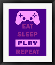Framed Art Eat Sleep Game Repeat - Purple Wall Decor18x24 Artwork