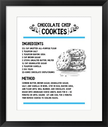 Framed Art Chocolate Chip Cookies Recipe White Background Wall Decor18x24 Artwork