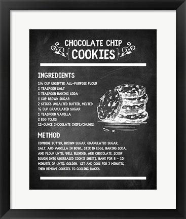 Framed Art Chocolate Chip Cookies Recipe Chalkboard Background Wall Decor18x24 Artwork