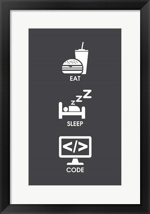 Framed Art Eat Sleep Code - White Icons Wall Decor18x24 Artwork