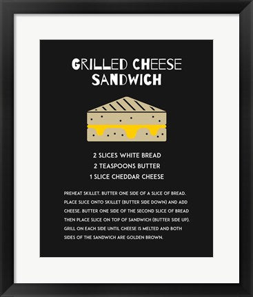 Framed Art Grilled Cheese Sandwich Recipe Black Wall Decor 18x24 Artwork