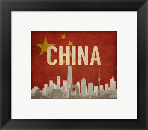 Framed Art Frame Art Beijing, China - Flags and Skyline by Take Me Away Wall Decor 18x24 Artwork