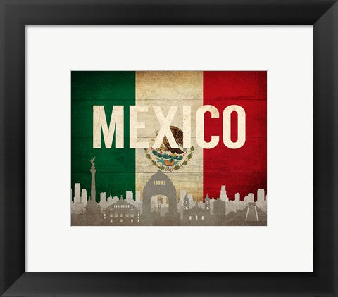 Framed Art Mexico City, Mexico - Flags and Skyline by Take Me Away Wall Decor 18x24 Artwork