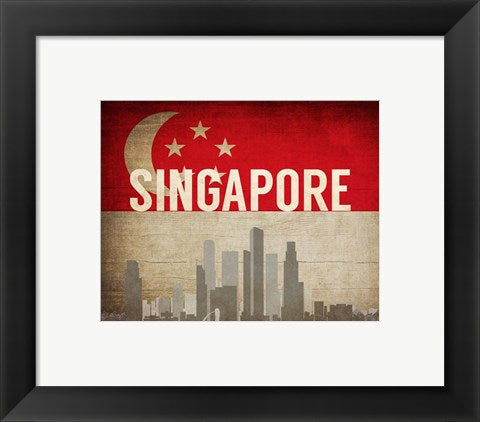 Framed Art Singapore - Flags and Skyline by Take Me Away Wall Decor 18x24 Artwork