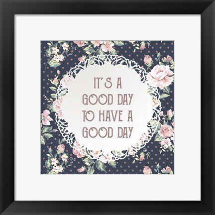 Framed Art It's a Good Day - Dots and Flowers on Blue Wall Decor 18x24 Artwork