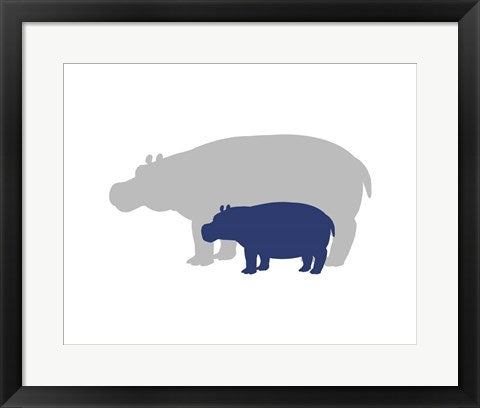 Framed Art Silhouette Hippo and Calf Navy Wall Decor 18x24 Artwork