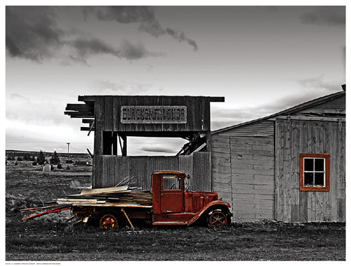 Framed Red Truck at Old Barn by G. Sanders | 12 ½ x 16 ½