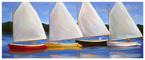 Framed Colored Catboats by Carol Saxe | 8 ½ x 20 ½
