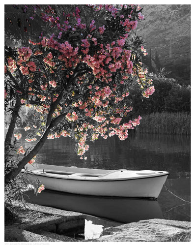 Framed Boat Under the Spring Blossoms 14 1/2 x 11 1/2