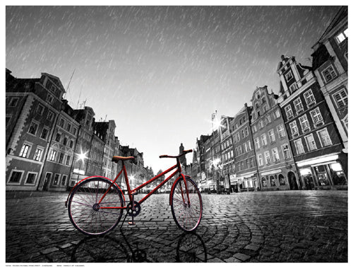 Framed Red Bike on Cobblestone Street by M. Bednarek | 12 ½ x 16 ½