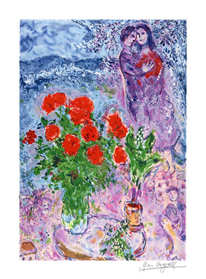Red Bouquet with Lovers by Marc Chagall Wall Art Décor 24 x 18 Art Print