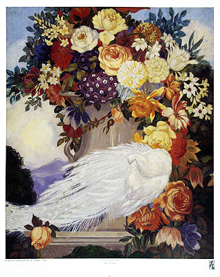 White Peacock & Flowers by Jessie Arms Botke Wall Art Décor 32 x 25 1/2 Art Print