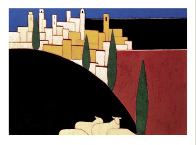 San Gimignano with Sheep Art Print by Eithne Donne - Serene Tuscan Landscape Wall Decor