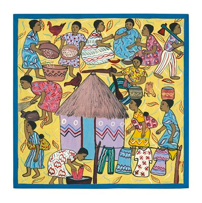 Village Life I by Serowe: Traditional African Art Print - 11.75 x 11.75 Wall Décor