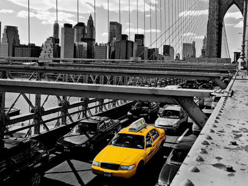 Yellow Cab on Brooklyn Bridge by Henri Silberman - NYC Wall Art Decor Print 23.5 x 31.5