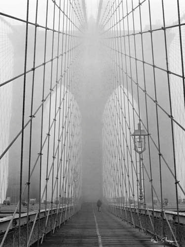 Foggy Day on Brooklyn Bridge Art Print by Henri Silberman - Iconic NYC Wall Decor 31.5 x 23.5