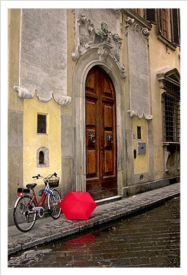 Framed Red Umbrella & Bicycle at the Door by Igor Maloratsky