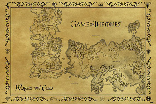 Framed Game Of Thrones: Antique Map of Westeros & Essos 