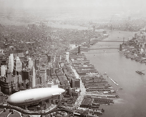 Framed Army Blimp Over Lower Manhattan, 1928 by McMahan Photo Archive