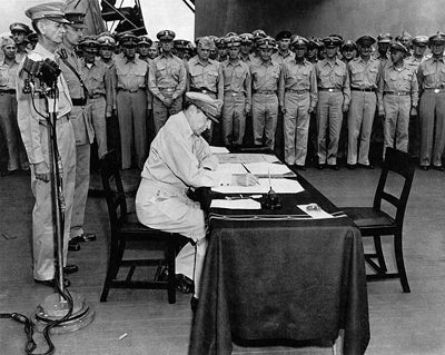 General Douglas MacArthur Signing Japanese Surrender Aboard USS Missouri, September 2, 1945 by McMahan Photo Archive - Vintage Military History Art Print