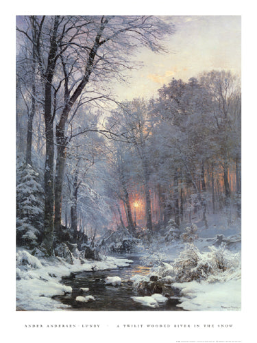 A Twilit Wooded River in the Snow by Anders Andersen-Lunby - Serene Winter Landscape Art Print