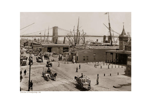 South Street & Brooklyn Bridge 1900 Sepia Art Print - Vintage NYC Wall Decor