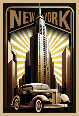 New York City Gold Empire State Building & Vintage Car Art Print - Iconic NYC Wall Decor & Urban Photography