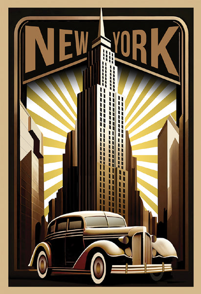 New York City Gold Empire State Building & Vintage Car Art Print - Iconic NYC Wall Decor & Urban Photography