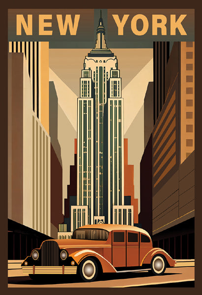 New York City Empire State Building & Classic Car Art Print | Vintage Urban Wall Decor