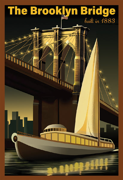 Brooklyn Bridge 1883 Boat at Night Art Print | Vintage New York City Wall Art Decor