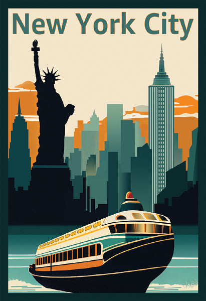New York City Landmarks & Ferry Art Print - Anon Wall Art Décor 18x24 inch