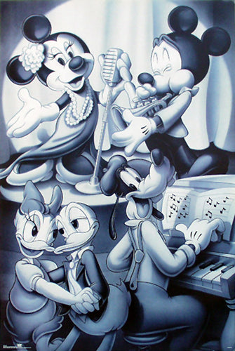 Mickey & Friends Nightclub B&W Art Print - Walt Disney Wall Decor 36x24 inch